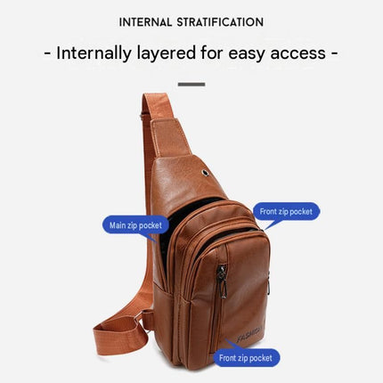 Office Commuter Business Set-Light brown Men's PU Leather Chest Bag and Grey RFID Blocking Aluminum Wallet - Waterproof Crossbody Sling Bag with Multi Pocket Storage, Slim Pop Up Card Holder, Lightweight Travel & Daily Commute Essentials
