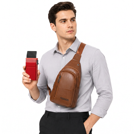 Office Commuter Business Set-Light brown Men's PU Leather Chest Bag and Red RFID Blocking Aluminum Wallet - Waterproof Crossbody Sling Bag with Multi Pocket Storage, Slim Pop Up Card Holder, Lightweight Travel & Daily Commute Essentials