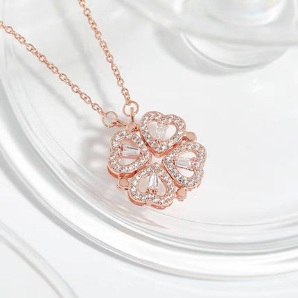 Rose golden Four Leaf Clover Necklace -  Plated Copper with Zirconia - Adjustable 40cm Chain, Convertible Heart Pendant, Elegant Gift for sweetheart