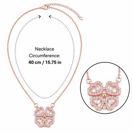 Rose golden Four Leaf Clover Necklace -  Plated Copper with Zirconia - Adjustable 40cm Chain, Convertible Heart Pendant, Elegant Gift for sweetheart