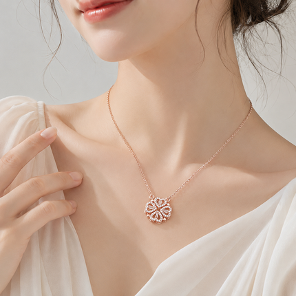 Rose golden Four Leaf Clover Necklace -  Plated Copper with Zirconia - Adjustable 40cm Chain, Convertible Heart Pendant, Elegant Gift for sweetheart