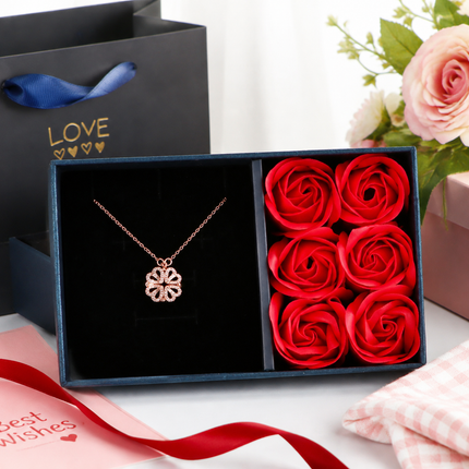 Rose golden Four Leaf Clover Necklace -  Plated Copper with Zirconia - Adjustable 40cm Chain, Convertible Heart Pendant, Elegant Gift for sweetheart