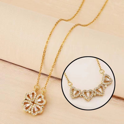 Golden Four Leaf Clover Necklace -  Plated Copper with Zirconia - Adjustable 40cm Chain, Convertible Heart Pendant, Elegant Gift for sweetheart