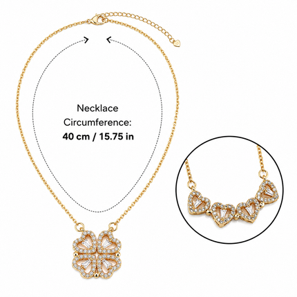Golden Four Leaf Clover Necklace -  Plated Copper with Zirconia - Adjustable 40cm Chain, Convertible Heart Pendant, Elegant Gift for sweetheart