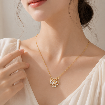 Golden Four Leaf Clover Necklace -  Plated Copper with Zirconia - Adjustable 40cm Chain, Convertible Heart Pendant, Elegant Gift for sweetheart