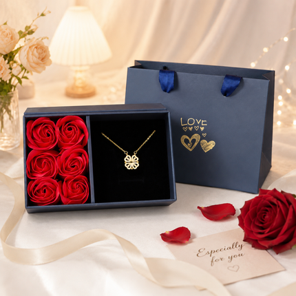 Golden Four Leaf Clover Necklace -  Plated Copper with Zirconia - Adjustable 40cm Chain, Convertible Heart Pendant, Elegant Gift for sweetheart