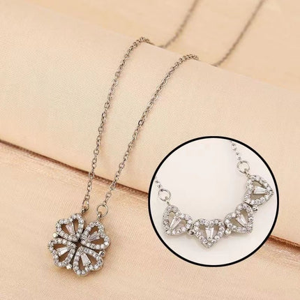Silvery Four Leaf Clover Necklace -  Plated Copper with Zirconia - Adjustable 40cm Chain, Convertible Heart Pendant, Elegant Gift for sweetheart