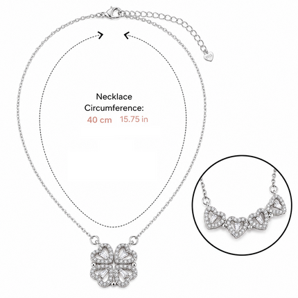 Silvery Four Leaf Clover Necklace -  Plated Copper with Zirconia - Adjustable 40cm Chain, Convertible Heart Pendant, Elegant Gift for sweetheart