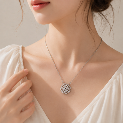 Silvery Four Leaf Clover Necklace -  Plated Copper with Zirconia - Adjustable 40cm Chain, Convertible Heart Pendant, Elegant Gift for sweetheart