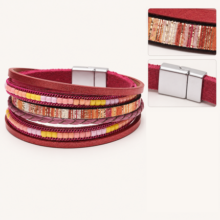 Red Bohemian Multi-Layer Leather Bracelet for Women - PU Faux Leather with Alloy Magnetic Clasp - Handwoven Cuff Bangle, Lightweight Fashion Jewelry Accessory