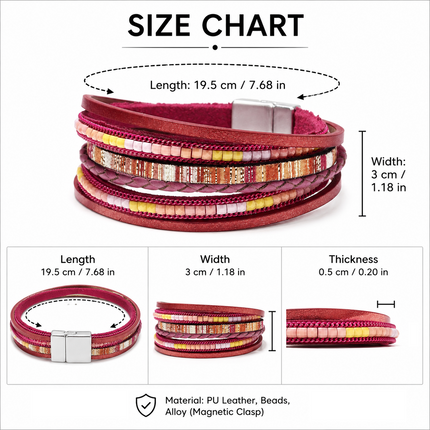 Red Bohemian Multi-Layer Leather Bracelet for Women - PU Faux Leather with Alloy Magnetic Clasp - Handwoven Cuff Bangle, Lightweight Fashion Jewelry Accessory