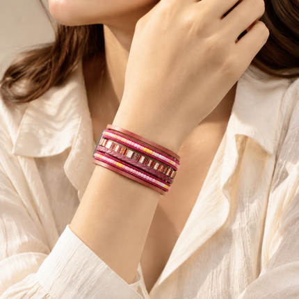 Red Bohemian Multi-Layer Leather Bracelet for Women - PU Faux Leather with Alloy Magnetic Clasp - Handwoven Cuff Bangle, Lightweight Fashion Jewelry Accessory