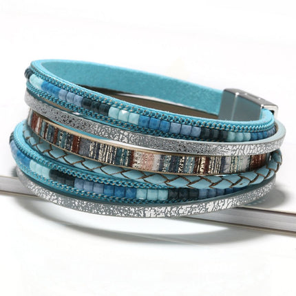 Blue Bohemian Multi-Layer Leather Bracelet for Women - PU Faux Leather with Alloy Magnetic Clasp - Handwoven Cuff Bangle, Lightweight Fashion Jewelry Accessory