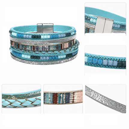 Blue Bohemian Multi-Layer Leather Bracelet for Women - PU Faux Leather with Alloy Magnetic Clasp - Handwoven Cuff Bangle, Lightweight Fashion Jewelry Accessory