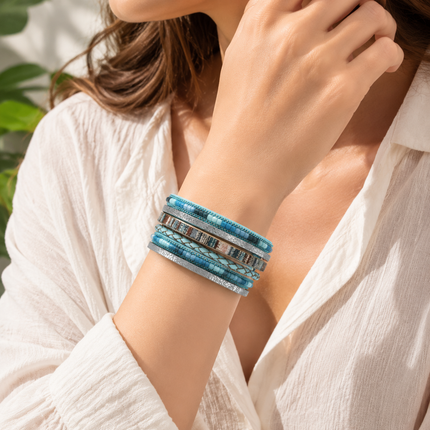 Blue Bohemian Multi-Layer Leather Bracelet for Women - PU Faux Leather with Alloy Magnetic Clasp - Handwoven Cuff Bangle, Lightweight Fashion Jewelry Accessory