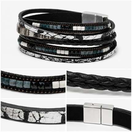 Black Bohemian Multi-Layer Leather Bracelet for Women - PU Faux Leather with Alloy Magnetic Clasp - Handwoven Cuff Bangle, Lightweight Fashion Jewelry Accessory