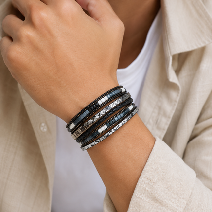 Black Bohemian Multi-Layer Leather Bracelet for Women - PU Faux Leather with Alloy Magnetic Clasp - Handwoven Cuff Bangle, Lightweight Fashion Jewelry Accessory