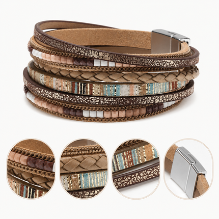 Khaki Bohemian Multi-Layer Leather Bracelet for Women - PU Faux Leather with Alloy Magnetic Clasp - Handwoven Cuff Bangle, Lightweight Fashion Jewelry Accessory