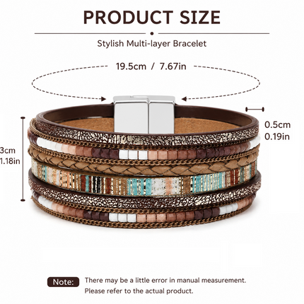 Khaki Bohemian Multi-Layer Leather Bracelet for Women - PU Faux Leather with Alloy Magnetic Clasp - Handwoven Cuff Bangle, Lightweight Fashion Jewelry Accessory