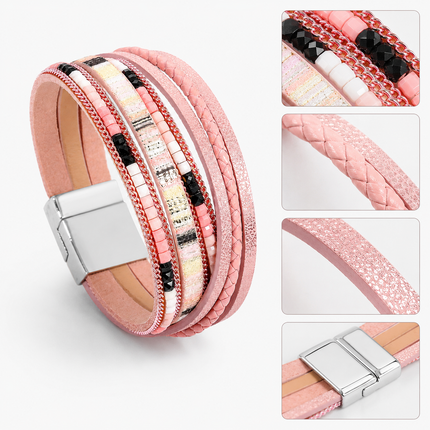 Pink Bohemian Multi-Layer Leather Bracelet for Women - PU Faux Leather with Alloy Magnetic Clasp - Handwoven Cuff Bangle, Lightweight Fashion Jewelry Accessory