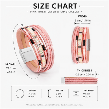 Pink Bohemian Multi-Layer Leather Bracelet for Women - PU Faux Leather with Alloy Magnetic Clasp - Handwoven Cuff Bangle, Lightweight Fashion Jewelry Accessory