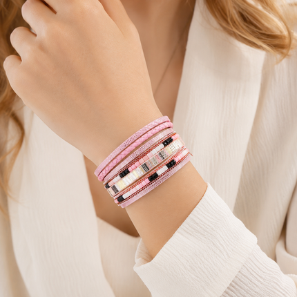 Pink Bohemian Multi-Layer Leather Bracelet for Women - PU Faux Leather with Alloy Magnetic Clasp - Handwoven Cuff Bangle, Lightweight Fashion Jewelry Accessory