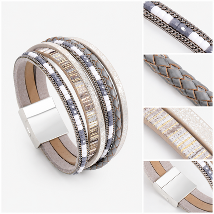 Grey Bohemian Multi-Layer Leather Bracelet for Women - PU Faux Leather with Alloy Magnetic Clasp - Handwoven Cuff Bangle, Lightweight Fashion Jewelry Accessory