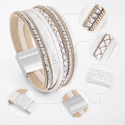 White Bohemian Multi-Layer Leather Bracelet for Women - PU Faux Leather with Alloy Magnetic Clasp - Handwoven Cuff Bangle, Lightweight Fashion Jewelry Accessory