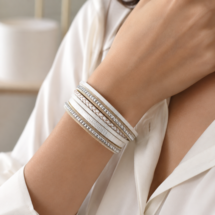 White Bohemian Multi-Layer Leather Bracelet for Women - PU Faux Leather with Alloy Magnetic Clasp - Handwoven Cuff Bangle, Lightweight Fashion Jewelry Accessory