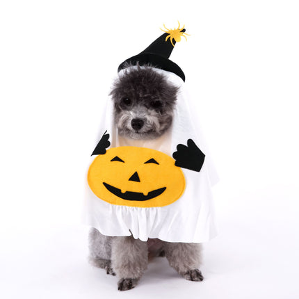 S Size Halloween Pumpkin Ghost Dog Costume - Polyester Pet Fancy Dress with Witch Hat and Spider Detail, Lightweight for Small Dogs and Cats