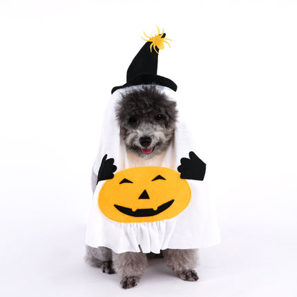 M Size Halloween Pumpkin Ghost Dog Costume - Polyester Pet Fancy Dress with Witch Hat and Spider Detail, Lightweight for Small Dogs and Cats