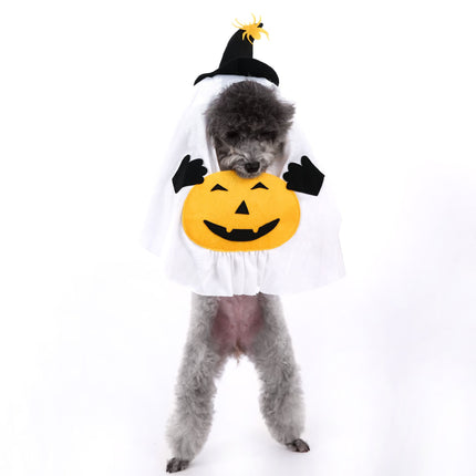 L Size Halloween Pumpkin Ghost Dog Costume - Polyester Pet Fancy Dress with Witch Hat and Spider Detail, Lightweight for Small Dogs and Cats