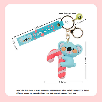 Candy Cane Koala PVC Keychain - Cute 3D Cartoon Koala Figure , Soft Rubber Bag Charm and Car Key Ring Accessory, Lightweight Collectible Gift for Kids and Teens