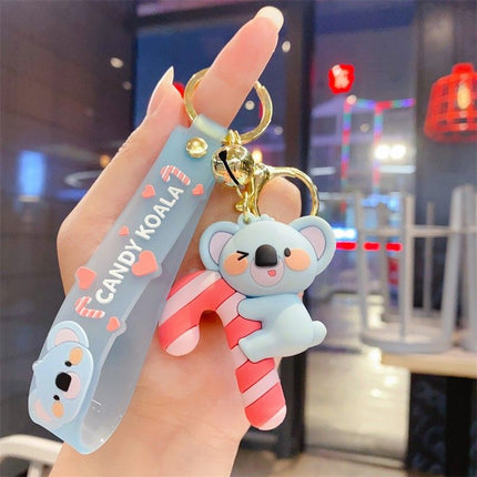 Candy Cane Koala PVC Keychain - Cute 3D Cartoon Koala Figure , Soft Rubber Bag Charm and Car Key Ring Accessory, Lightweight Collectible Gift for Kids and Teens