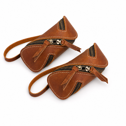 2pcs Retro Genuine Leather Key Pouch(Brown) -  12.5cm x 5cm - Dual Zipper, Wrist Strap, Belt Loop, Car and Home Key Organizer