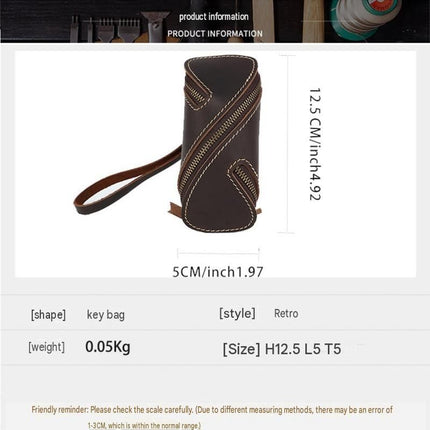 2pcs Retro Genuine Leather Key Pouch(Brown) -  12.5cm x 5cm - Dual Zipper, Wrist Strap, Belt Loop, Car and Home Key Organizer