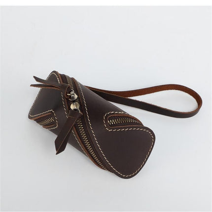 2pcs Retro Genuine Leather Key Pouch（Brown） -  12.5cm x 5cm - Dual Zipper, Wrist Strap, Belt Loop, Car and Home Key Organizer