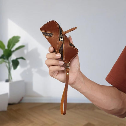 2pcs Retro Genuine Leather Key Pouch(Brown) -  12.5cm x 5cm - Dual Zipper, Wrist Strap, Belt Loop, Car and Home Key Organizer