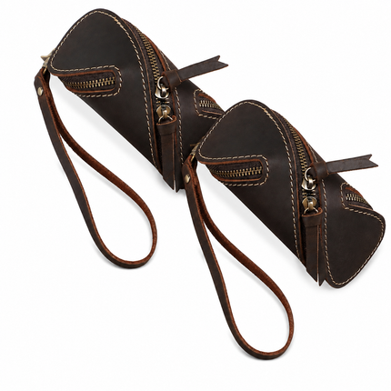 2pcs Retro Genuine Leather Key Pouch(Coffee-colored) -  12.5cm x 5cm - Dual Zipper, Wrist Strap, Belt Loop, Car and Home Key Organizer
