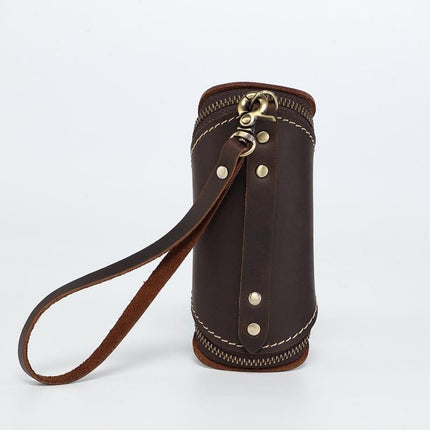 2pcs Retro Genuine Leather Key Pouch（Coffee-colored） -  12.5cm x 5cm - Dual Zipper, Wrist Strap, Belt Loop, Car and Home Key Organizer