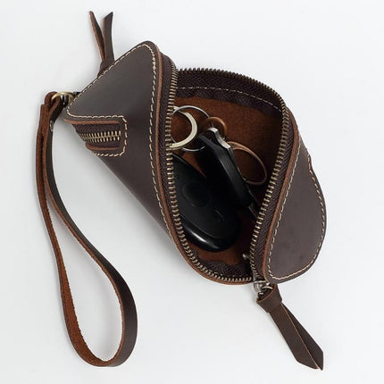 2pcs Retro Genuine Leather Key Pouch（Coffee-colored） -  12.5cm x 5cm - Dual Zipper, Wrist Strap, Belt Loop, Car and Home Key Organizer