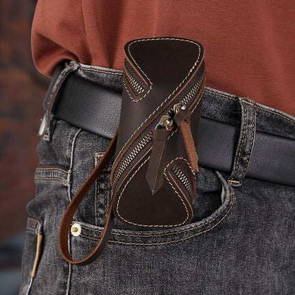 2pcs Retro Genuine Leather Key Pouch（Coffee-colored） -  12.5cm x 5cm - Dual Zipper, Wrist Strap, Belt Loop, Car and Home Key Organizer