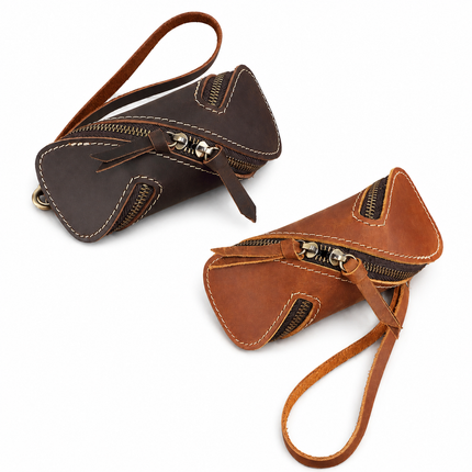 2pcs Retro Genuine Leather Key Pouch(Brown and Coffee-colored) -  12.5cm x 5cm - Dual Zipper, Wrist Strap, Belt Loop, Car and Home Key Organizer