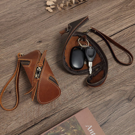 2pcs Retro Genuine Leather Key Pouch（Brown and Coffee-colored） -  12.5cm x 5cm - Dual Zipper, Wrist Strap, Belt Loop, Car and Home Key Organizer
