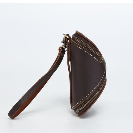 2pcs Retro Genuine Leather Key Pouch（Brown and Coffee-colored） -  12.5cm x 5cm - Dual Zipper, Wrist Strap, Belt Loop, Car and Home Key Organizer