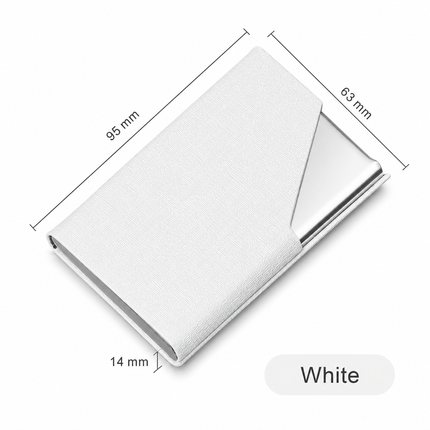 White Stainless Steel and PU Leather Business Card Holder -  95mm x 63mm - Magnetic Flip Cover, Velvet Lining, Professional Office Accessory