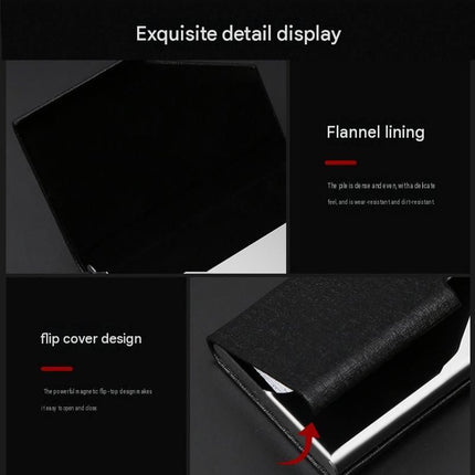 White Stainless Steel and PU Leather Business Card Holder -  95mm x 63mm - Magnetic Flip Cover, Velvet Lining, Professional Office Accessory