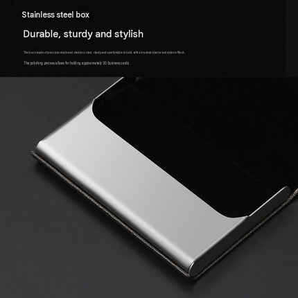 Grey Stainless Steel and PU Leather Business Card Holder -  95mm x 63mm - Magnetic Flip Cover, Velvet Lining, Professional Office Accessory