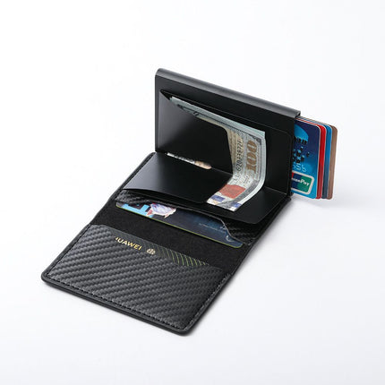 Black Carbon Fiber texture RFID Wallet - Automatic Pop-Up Card Holder with Aluminium Frame - Slim Minimalist Design for Men, Travel and Daily Use