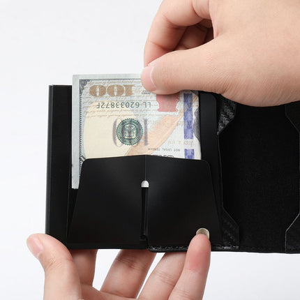 Black Carbon Fiber texture RFID Wallet - Automatic Pop-Up Card Holder with Aluminium Frame - Slim Minimalist Design for Men, Travel and Daily Use